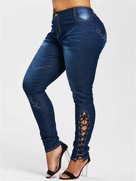 31 Off Plus Size Side Lace Up Zipper Fly Jeans Rosegal