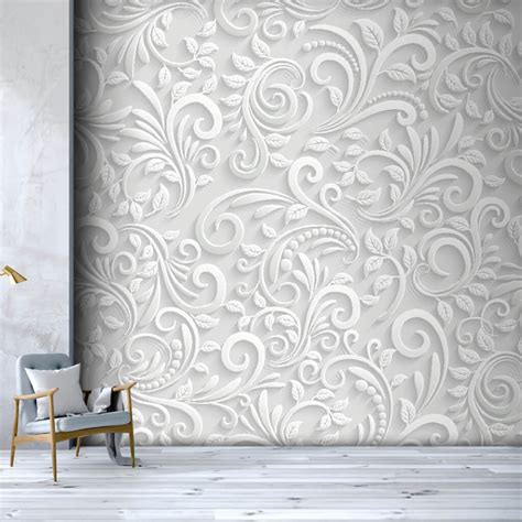 3d Vector White Embossed Floral Pattern Custom Wall Mural
