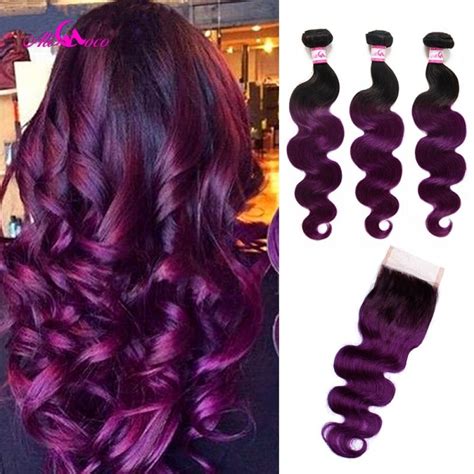 Ali Coco Body Wave 3 Bundle With Closure 1b Purple Color Brazilian Hair Bundles With Closure 8