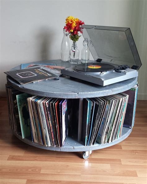 Repurposed Cable Reel Spool Media Center Turntable Stand With Vinyl