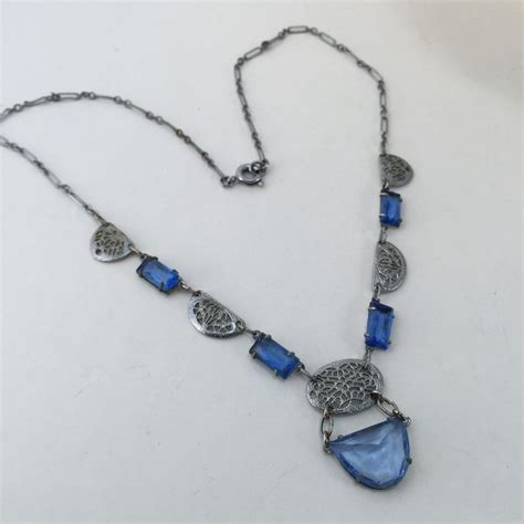 Art Deco Necklace Blue Czech Glass Lavalier Pendant Rhodium Etsy