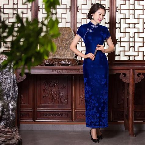 Buy Blue Velvet Long Cheongsam Dress Women Slim Chinese Dress Qipao Dresses