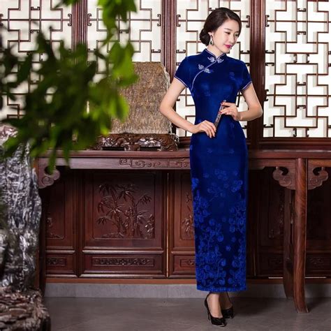 buy blue velvet long cheongsam dress women slim chinese dress qipao dresses