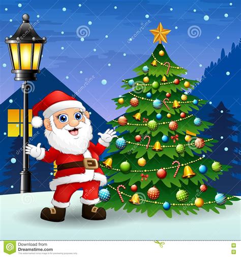 Santa Claus With Christmas Tree And Snowfall Falling At Night