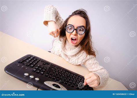 Funny Nerd Girl Working On Computer Stock Photo Image Of Angry