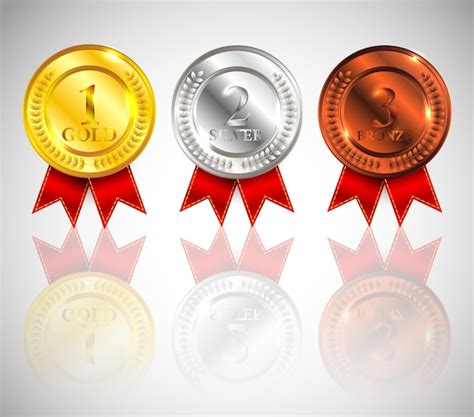 Premium Vector Champion Gold Silver And Bronze Medal With Red Ribbon