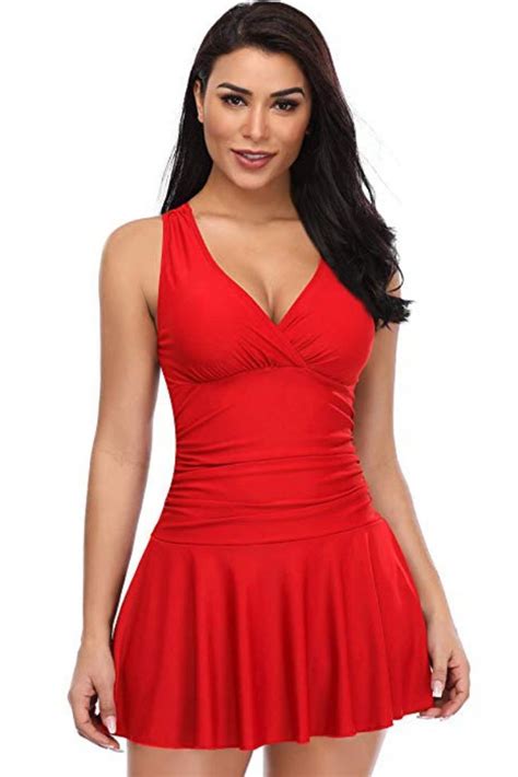 Shekini Womens One Piece Skirt Swimsuit Ruched Retro Swimdress Bathing