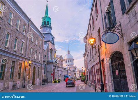 Old Town Montreal At Famous Cobbled Streets At Twilight Stock Photo