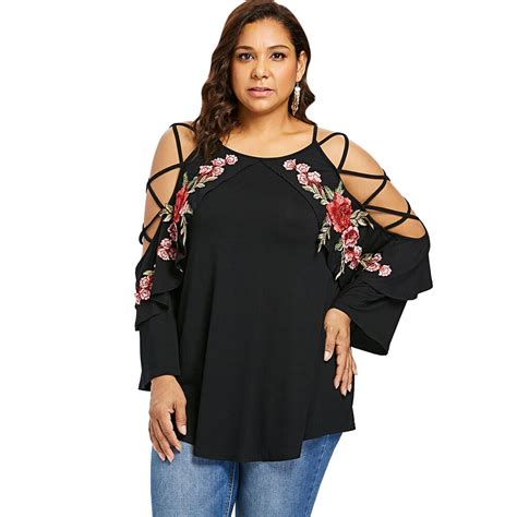 Wipalo Plus Size 5xl Embroidery T Shirt Floral Applique Lattice Sleeve