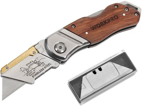 Workpro Folding Utility Knife Wood Handle Heavy Duty Cutter With Extra