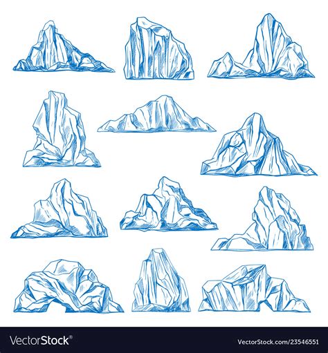 Icebergs Sketch Or Hand Drawn Mountains Royalty Free Vector
