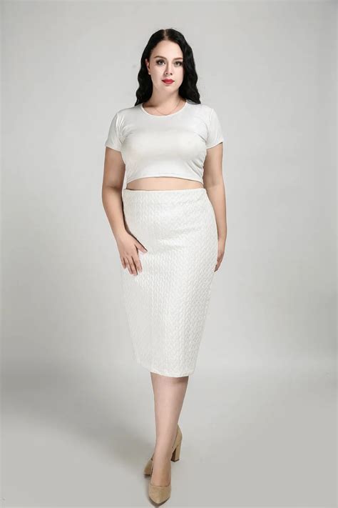 Womens Sexy Plus Size Formal Skirt High Stretchy Empire Waist Midi Skirt White Work Office