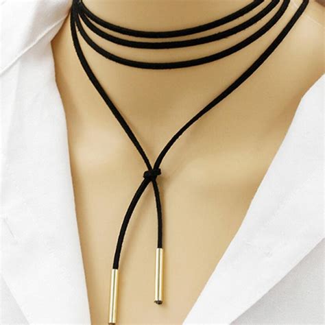 New Fashion Jewelry Female Long Black Terciopelo Leather Sweater Chain Necklaces All Match