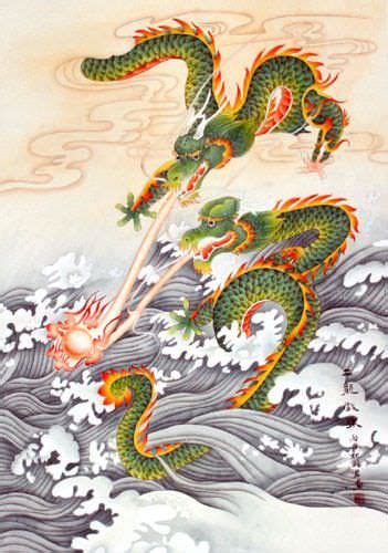 Two Dragons Pearl Fireball Revelry Asian Wall Scroll Tigers