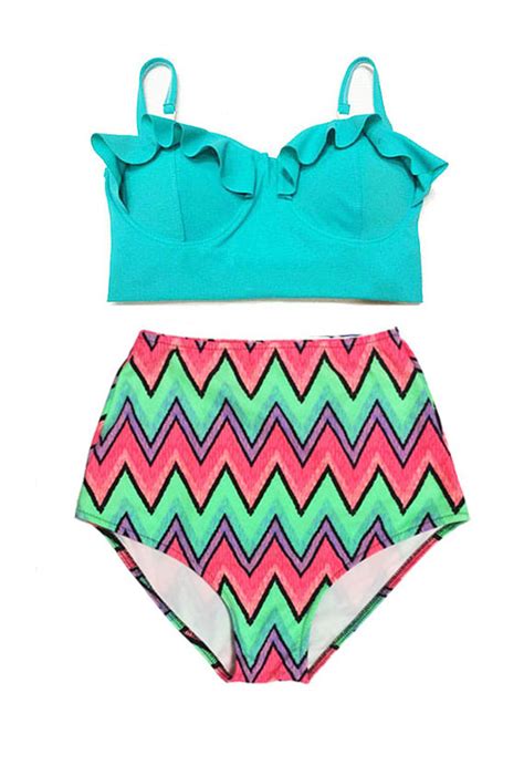 Mint Midkini Top And Colorful Zig Zag Chevron High Waist Waisted Rise