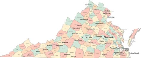 Multi Color Virginia Map With Counties Capitals And Major Cities
