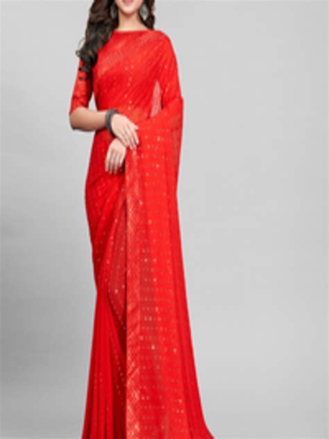 Buy Mitera Women Red Embellished Sequinned Pure Georgette Saree