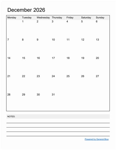 Free Printable Monthly Calendar For December 2026