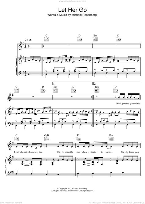 Passenger Let Her Go Sheet Music For Voice Piano Or Guitar V2