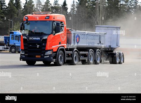Lieto Finland April 12 2018 Orange Scania R650 B8x4 Gravel Truck