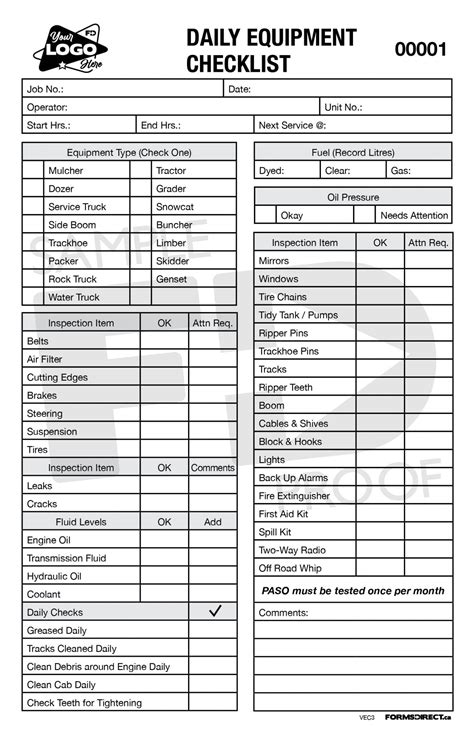 Daily Equipment Checklist Vec3 Customizable Template Forms Direct