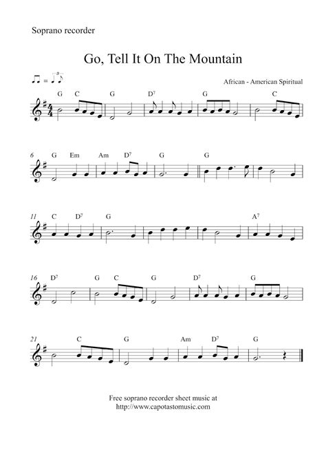 Free Christmas soprano recorder sheet music - Go, Tell It On The Mountain