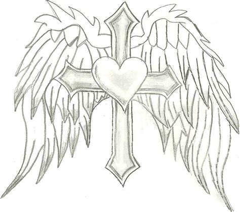 Easy drawings of crosses with wings. Angel Wings with Cross & Heart | Cross drawing, Heart ...