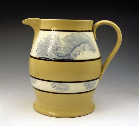 Yellow Ware Pottery Pitcher With Cobalt Blue Trees C1840 John Howard