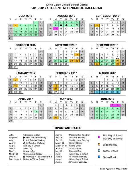 2016 2017 Important Dates Calendar Chino Valley Unified School