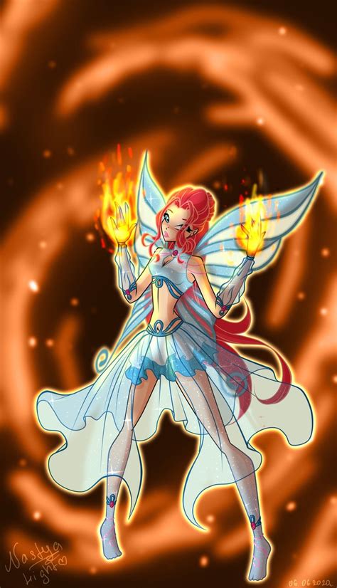 A Fairy With Red Hair And Blue Eyes Holding A Yellow Flame In Her Right