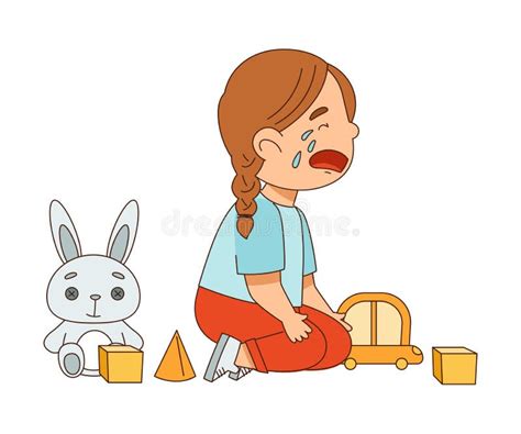 Crying Girl Sitting On The Floor With Toys And Grizzling Vector