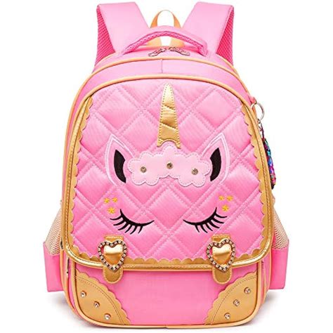 Cute Unicorn Face Diamond Bling Waterproof Pink School Backpack Set