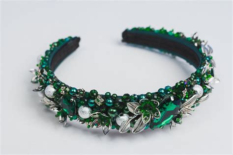 Emerald Headband Green Silver Tiara Jeweled Beaded Headband Etsy Uk