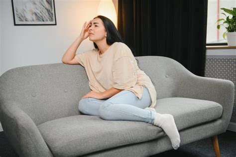 Sad Tired Young Woman Touching Forehead Having Headache Migraine Or Depression Upset Frustrated