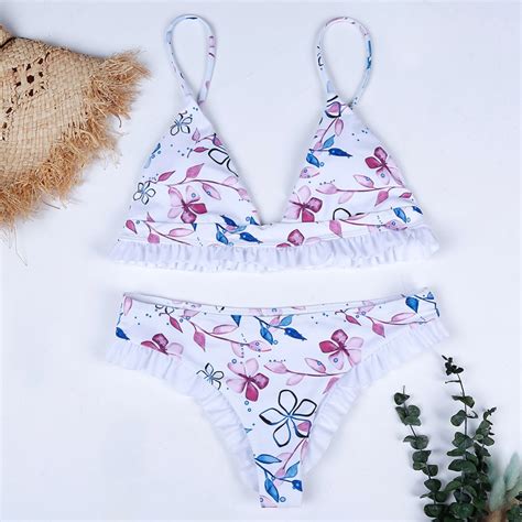 2019 woman swimsuit padded string bikini set two piece suits floral print ruffle bikinis push up