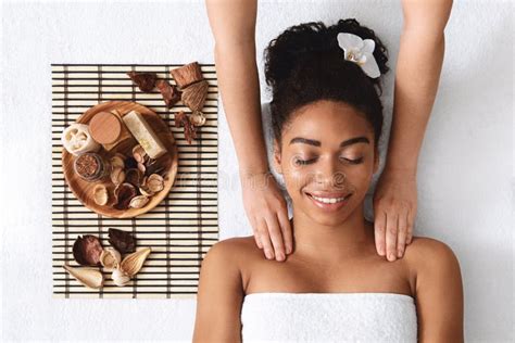 Slim Black Woman Receiving Full Body Massage At Modern Spa Stock Image Image Of Cosmetics