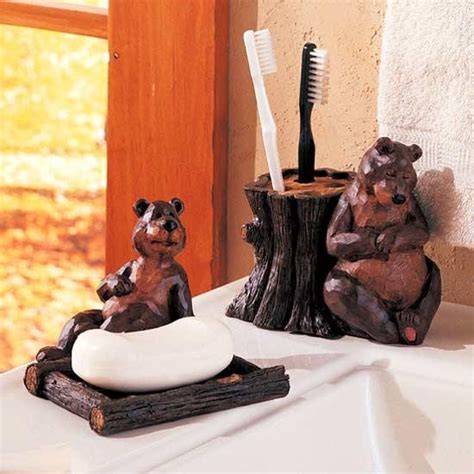 New 5 Pc Set Rustic Bear Bathroom Cabin Lodge Bath Accessory Sets