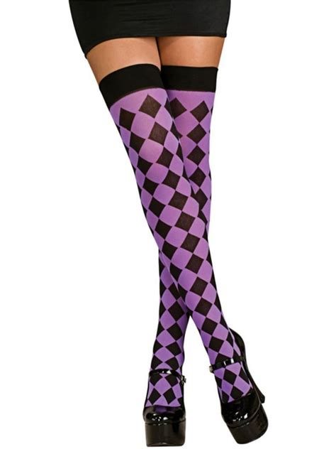 sexy black and purple harlequin checkered thigh highs stockings