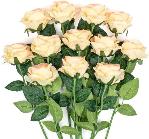 mocoosy 12pcs artificial roses fake flowers for decoration champagne silk roses single stem