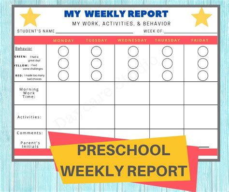 Preschool Weekly Report Daycare Printable Behavior Chart Etsy