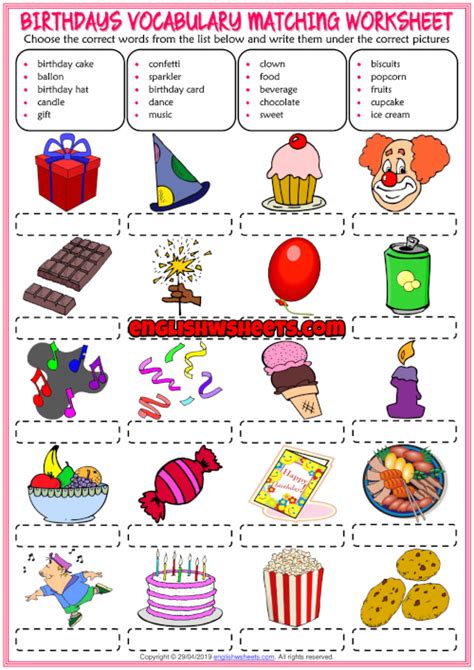 Birthdays Esl Vocabulary Matching Exercise Worksheet