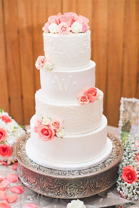 Perfect for flowers & fruit. Detailed White Wedding Cake With Coral Roses