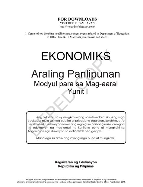 Ekonomiks Lm U1 First Module In Economics Deped Copy I Araling