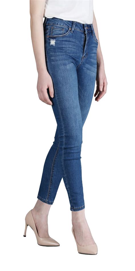 Womens High Waist Blue Denim Skinny Straight Stretchy Jeans Denim Fit