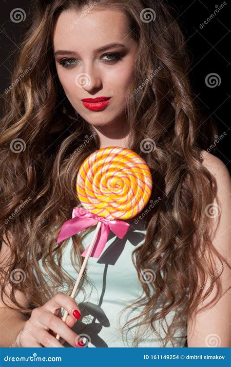 Beautiful Girl Eats Candy Sweet Lollipop Nice Stock Photo Image Of