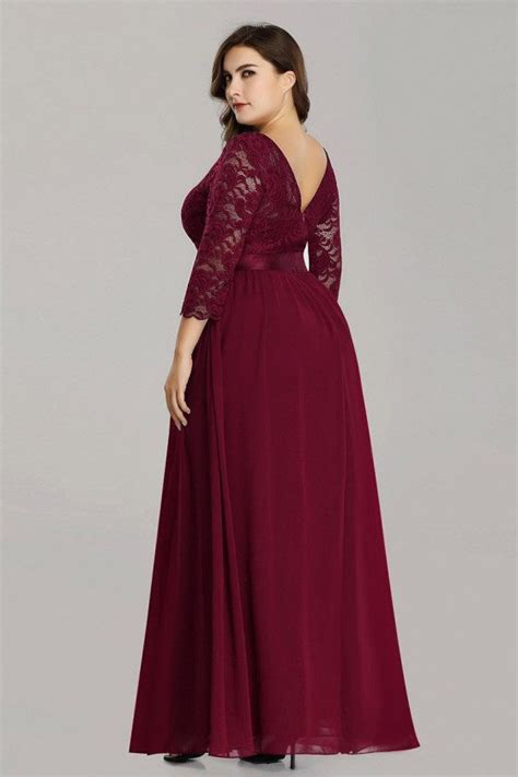 Burgundy Plus Size Long Bridesmaid Dress With Lace Sleeves 6848