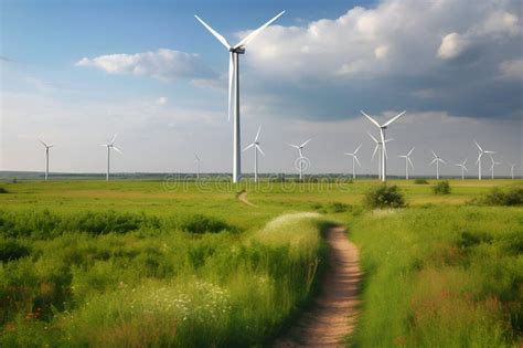 Energy Wind Farm On Green Field Windmill Turbines Line Generating