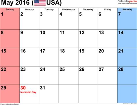 May 2016 Calendar Templates For Word Excel And Pdf
