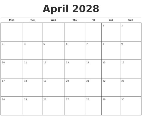 April 2028 Monthly Calendar Template