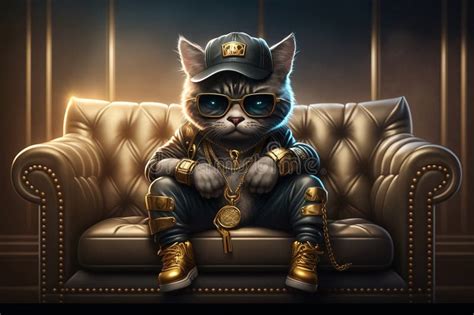 Cat Rapper Boss In Gangsta Style With Gold Chains Thug Life Concept